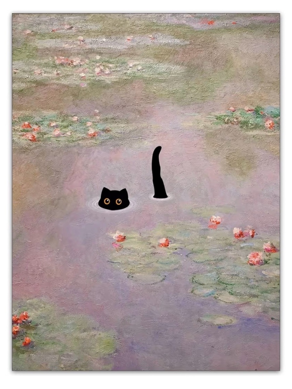 Canvas Print Black Cat Monet Water Lilies 12” x 16”